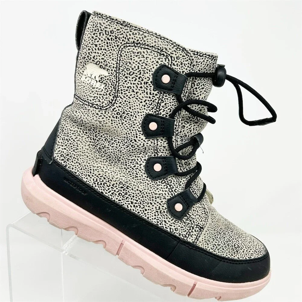 SOREL Explorer Lace Waterproof Winter Snow Boots Girls Speckled Gray Black Pink